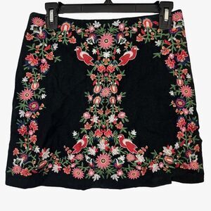 UMGEE USA Black Embroidered Mini Skirt Floral Lined Birds Boho Red Green sz S